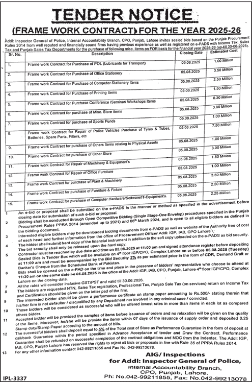 Internal Accountability Branch Lahore Tender Notice